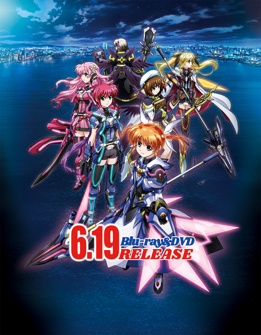 6+girls amitie_florian bardiche bardiche_(javelin_form) book cityscape cloak cloud dual_wielding fate_testarossa fate_testarossa_(blaze_iii) grimoire_(nanoha) gun hashidate_kana highres holding holding_gun holding_staff holding_sword holding_weapon kyrie_florian lyrical_nanoha mahou_shoujo_lyrical_nanoha_detonation material-d multiple_girls night night_sky ocean official_art raising_heart raising_heart_estrea schwertkreuz serious sky staff sword takamachi_nanoha takamachi_nanoha_(formula_ii) tome_of_the_night_sky variant_zapper weapon wings yagami_hayate yersiniakreuz