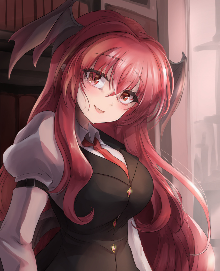 1girl bat_wings black_vest blush book breasts collared_shirt demon_wings fang head_wings highres juliet_sleeves koakuma library long_hair long_sleeves looking_at_viewer namiki_(remiter00) necktie open_mouth pointy_ears puffy_sleeves red_eyes red_hair red_necktie shirt sidelocks smile solo touhou vest white_shirt wings