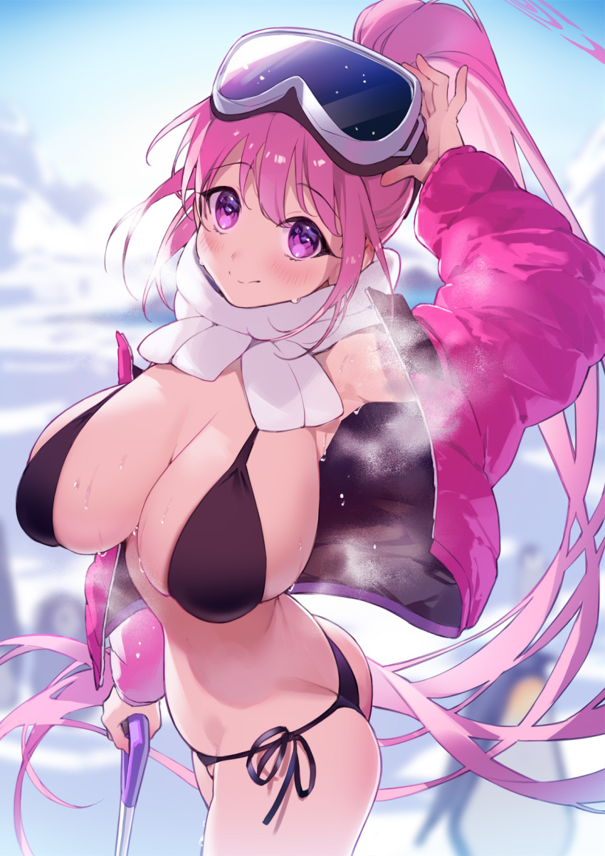 1girl amana_(pocketkey) arm_up armpits ass bikini black_bikini blue_archive breasts cleavage eimi_(blue_archive) eimi_(swimsuit)_(blue_archive) goggles goggles_on_head halo highres holding holding_goggles holding_shovel jacket large_breasts long_hair official_alternate_costume open_clothes open_jacket padded_jacket pink_eyes pink_hair pink_halo pink_jacket ponytail scarf shovel ski_goggles smile sweat swimsuit white_scarf