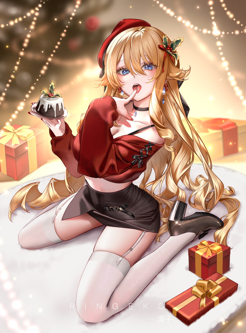 1girl absurdres black_choker black_skirt blonde_hair blue_eyes box bra_strap choker closed_mouth cropped_sweater finger_to_mouth food full_body garter_straps genshin_impact gift gift_box hair_between_eyes hair_ornament high_heels highres holding holding_plate long_hair mistletoe navia_(genshin_impact) off_shoulder open_mouth plate red_headwear red_nails red_sweater ringeko-chan skirt solo sweater thighhighs tongue tongue_out very_long_hair war white_thighhighs