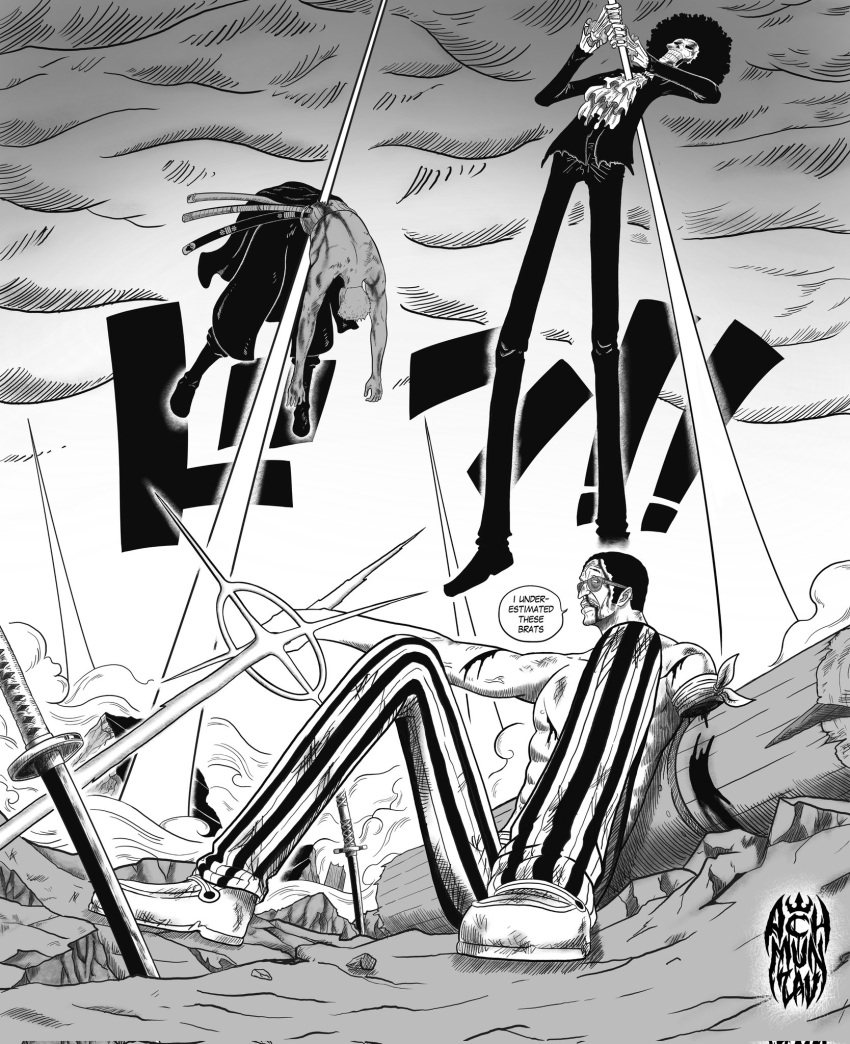 3boys achmunzav afro amputee blood blood_on_face borsalino_(kizaru) brook_(one_piece) commentary english_commentary english_text full_body greyscale highres katana male_focus missing_limb monochrome multiple_boys official_style one_piece outdoors roronoa_zoro signature skeleton speech_bubble sunglasses sword topless_male weapon