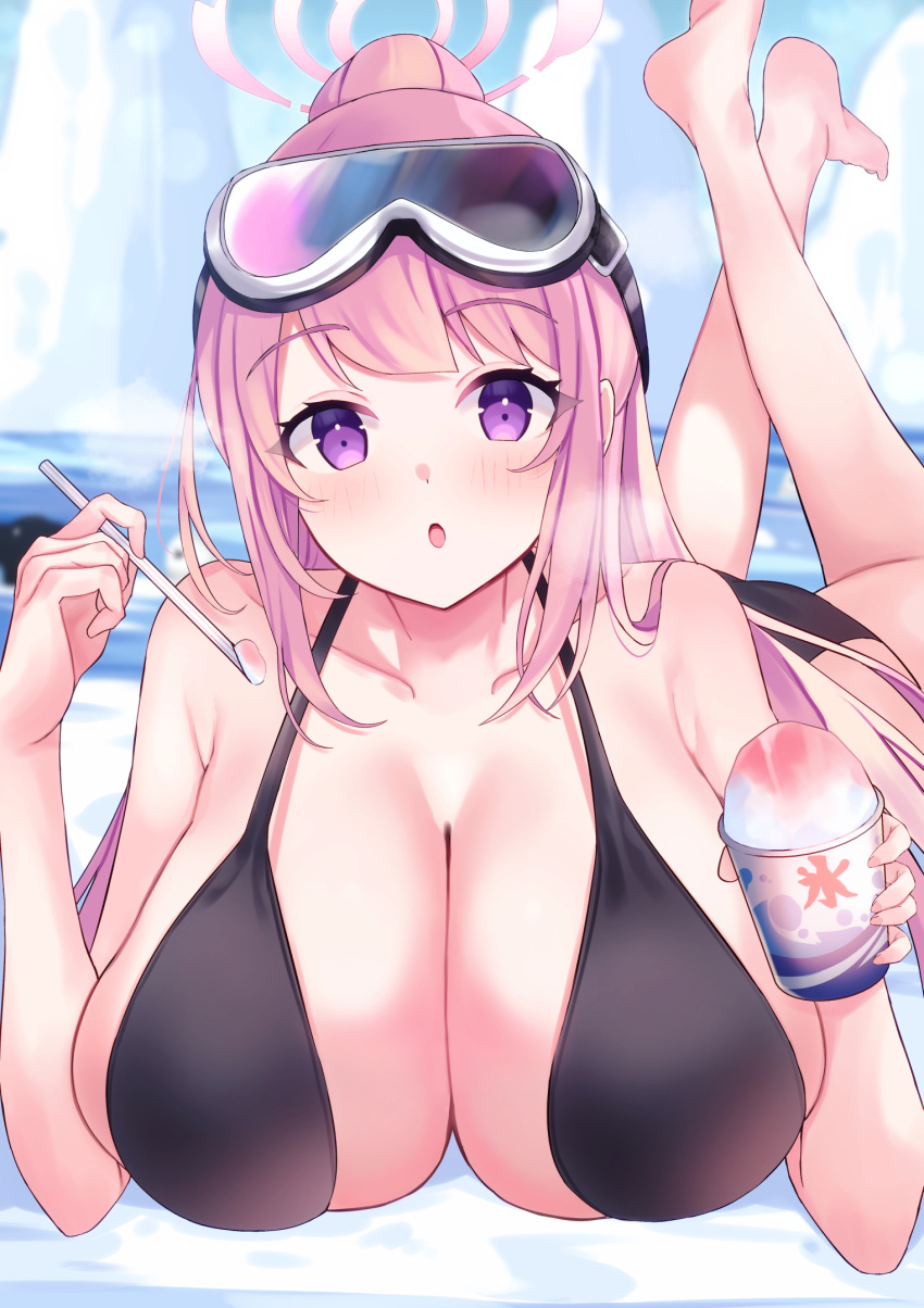 1girl :o bare_legs barefoot bikini black_bikini blue_archive blush breasts breath cleavage collarbone crossed_ankles eimi_(blue_archive) eimi_(swimsuit)_(blue_archive) food glacier goggles goggles_on_head halo highres huge_breasts looking_at_viewer lying mi_taro333 official_alternate_costume on_stomach outdoors pink_hair ponytail purple_eyes shaved_ice sidelocks ski_goggles solo swimsuit