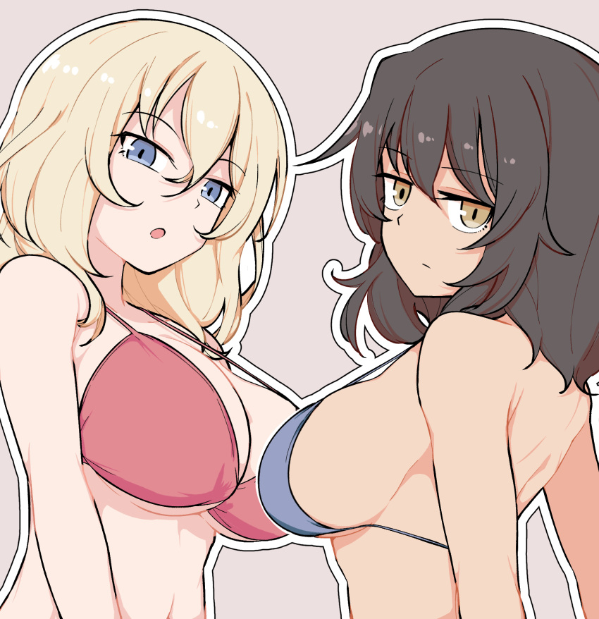 2girls andou_(girls_und_panzer) bikini black_hair blonde_hair blue_bikini blue_eyes breasts brown_background brown_eyes cleavage closed_mouth girls_und_panzer highres large_breasts looking_at_viewer multiple_girls open_mouth oshida_(girls_und_panzer) red_bikini short_hair shoulder_blades sideboob simple_background swimsuit unfortunate_hero upper_body