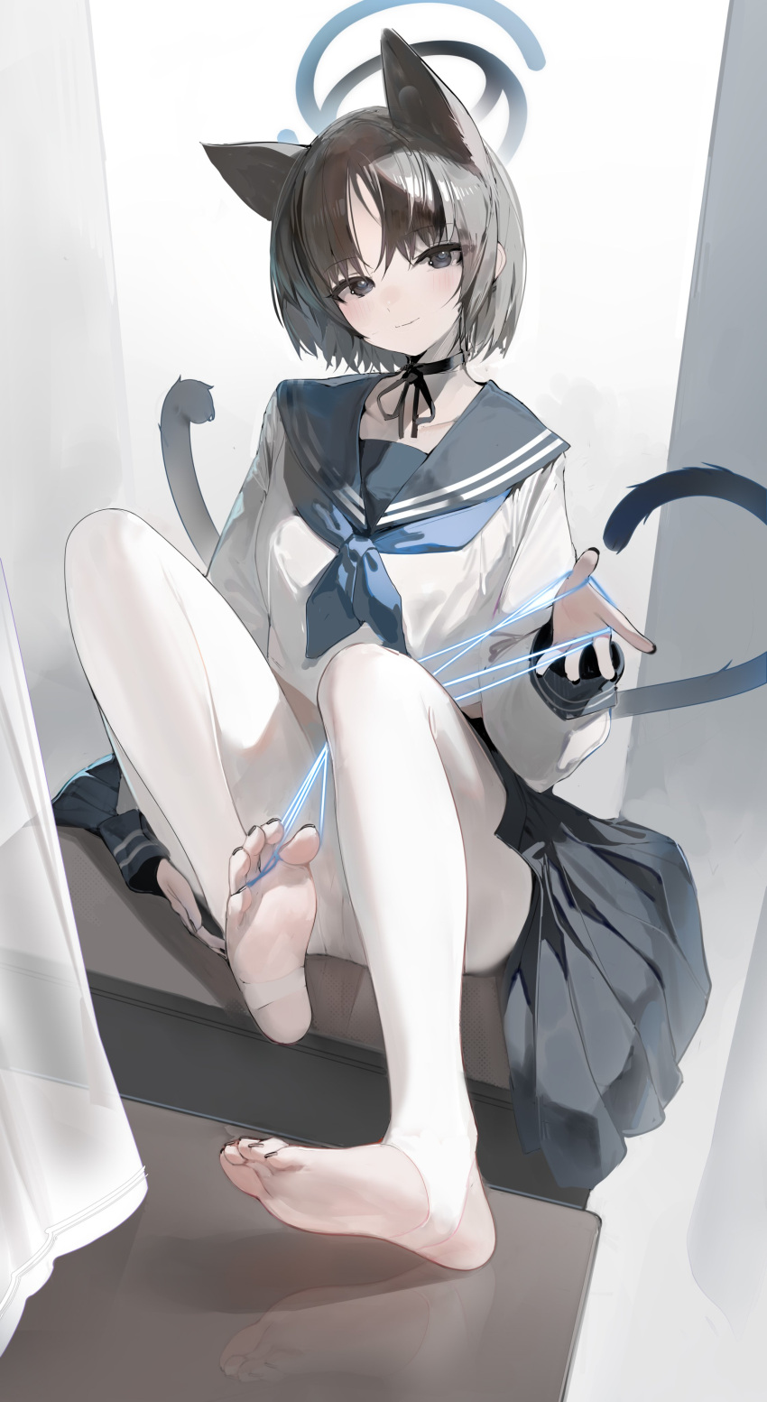 1girl absurdres animal_ears black_choker black_eyes black_hair black_nails black_sailor_collar black_skirt blue_archive blue_halo blue_neckerchief cat's_cradle cat_ears cat_girl cat_tail choker closed_mouth feet full_body halo highres kikyou_(blue_archive) knees_up long_sleeves looking_at_viewer multiple_tails nail_polish neckerchief nekomata no_shoes pantyhose prossss sailor_collar shirt short_hair sitting skirt soles solo stirrup_legwear tail toeless_legwear toenail_polish toenails toes two_tails white_pantyhose white_shirt