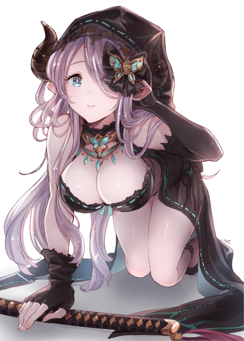 1girl absurdres all_fours asymmetrical_gloves bare_shoulders bikini black_bikini black_footwear black_gloves blue_eyes breasts bug butterfly butterfly_hair_ornament cleavage commentary_request draph elbow_gloves fingerless_gloves gloves granblue_fantasy hair_ornament hair_over_one_eye hair_tucking highres hood horns katana kidojiru large_breasts long_hair looking_at_viewer narmaya_(granblue_fantasy) narmaya_(the_black_butterfly)_(granblue_fantasy) official_alternate_costume pointy_ears purple_hair ribbon-trimmed_bikini signature simple_background single_fingerless_glove smile solo swept_bangs swimsuit sword uneven_gloves weapon white_background