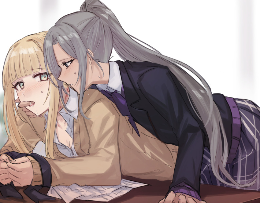 2girls aoki_shizumi bite_mark bite_mark_on_neck black_jacket blazer blonde_hair blush bound bound_wrists bow brown_sweater d4dj finger_in_another's_mouth green_eyes grey_hair hickey highres izumo_saki jacket long_hair multiple_girls niijima_ibuki parted_lips ponytail purple_bow purple_skirt school_uniform shirt skirt sweater teeth tongue tongue_out white_shirt yuri