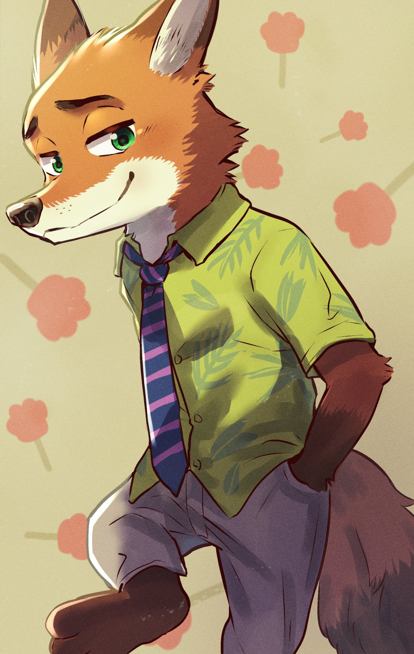 1boy absurdres animal_ears barefoot commentary food fox_boy fox_ears fox_tail furry furry_male gabobon05 green_eyes green_shirt grey_pants hand_in_pocket highres looking_at_viewer male_focus necktie nick_wilde pants popsicle shirt smile tail zootopia