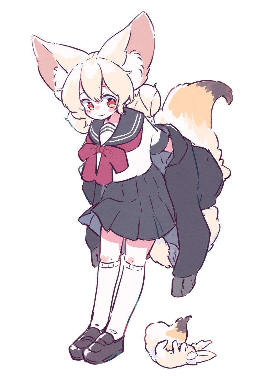 1girl :3 absurdres animal_ears black_jacket black_sailor_collar black_skirt blonde_hair blush bow brown_footwear commentary_request creature_and_personification double_bun fennec_fox fox_ears fox_girl fox_tail full_body hair_between_eyes hair_bun highres jacket large_ears leaning_forward long_sleeves medium_hair megateru miniskirt off_shoulder open_clothes open_jacket original pleated_skirt puffy_long_sleeves puffy_sleeves red_bow red_eyes sailor_collar school_uniform serafuku shirt simple_background skirt sleeves_past_fingers sleeves_past_wrists socks standing tail white_background white_shirt white_socks