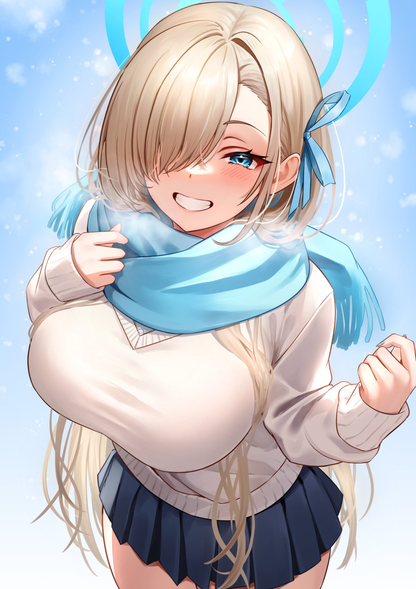 1girl absurdres asuna_(blue_archive) black_skirt blue_archive blue_eyes blue_scarf blush breasts cowboy_shot fringe_trim grin hair_over_one_eye highres holika_baby large_breasts light_brown_hair long_hair long_sleeves looking_at_viewer pleated_skirt scarf shirt skirt smile solo white_shirt