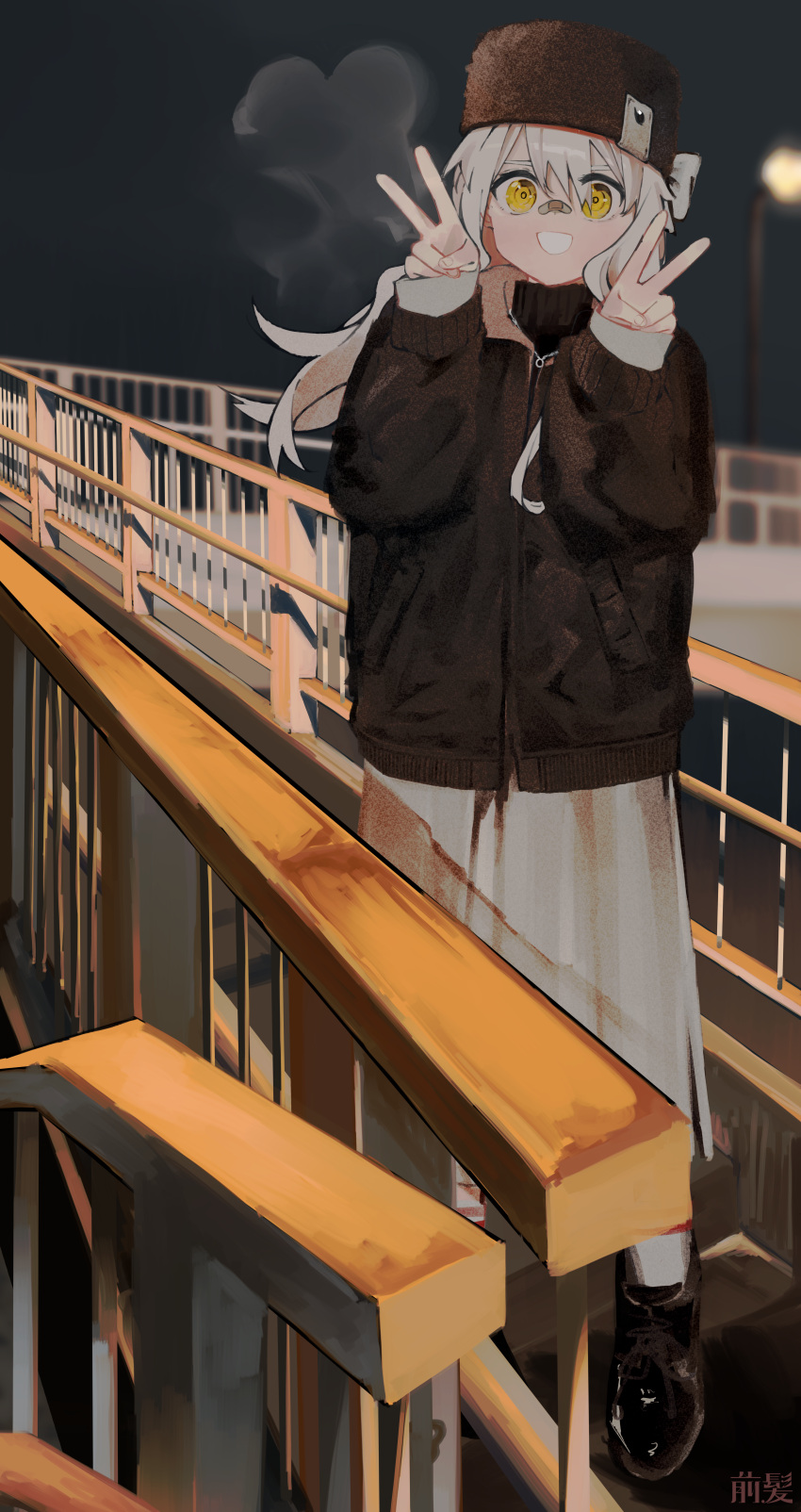 1girl absurdres bandaid bandaid_on_face bandaid_on_nose black_footwear black_jacket double_v hands_up highres jacket lamppost leadin_the_sky long_hair looking_at_viewer night original outdoors pedestrian_bridge skirt solo standing steam v white_hair white_skirt yellow_eyes