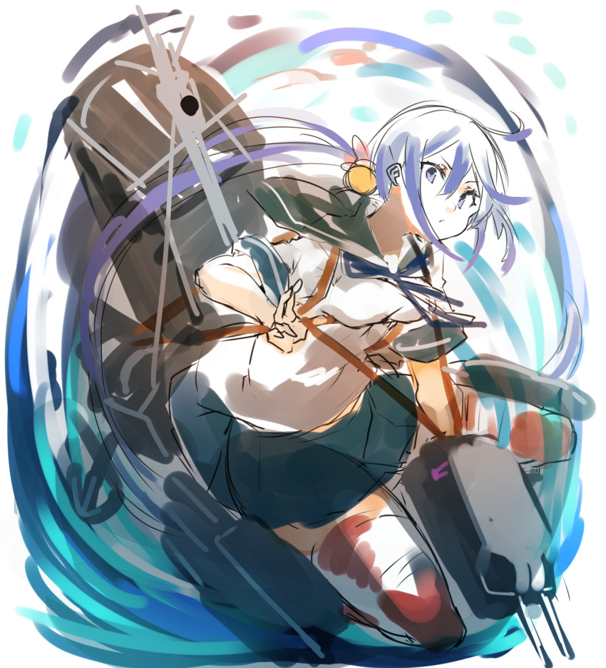 1girl adapted_turret akebono_(kancolle) bell blue_sailor_collar blue_skirt cannon flower hair_bell hair_flower hair_ornament highres jingle_bell kantai_collection long_hair machinery purple_eyes purple_hair sailor_collar school_uniform serafuku short_sleeves side_ponytail skirt solo sunday_aki torpedo_launcher turret very_long_hair