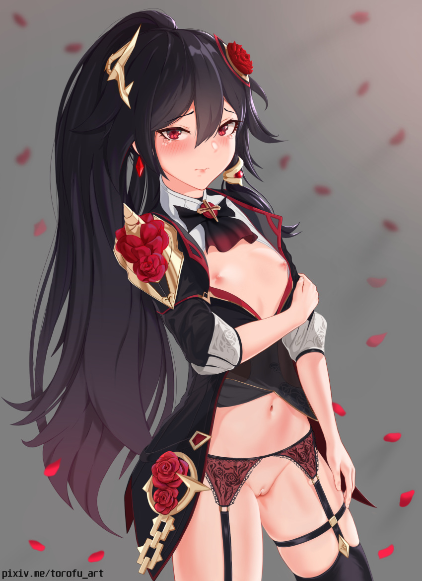 1girl absurdres alternate_costume belly black_hair black_thighhighs blush breasts clenched_hands closed_mouth dress flower fu_hua fu_hua_(blood_voivode) fu_hua_(shadow_knight) garter_straps hair_between_eyes hair_flower hair_ornament high_ponytail highres honkai_(series) honkai_impact_3rd long_hair long_sleeves looking_at_viewer navel nipples official_alternate_costume ponytail pussy red_eyes red_flower rose small_breasts solo thighhighs thighs torofu vampire watermark web_address