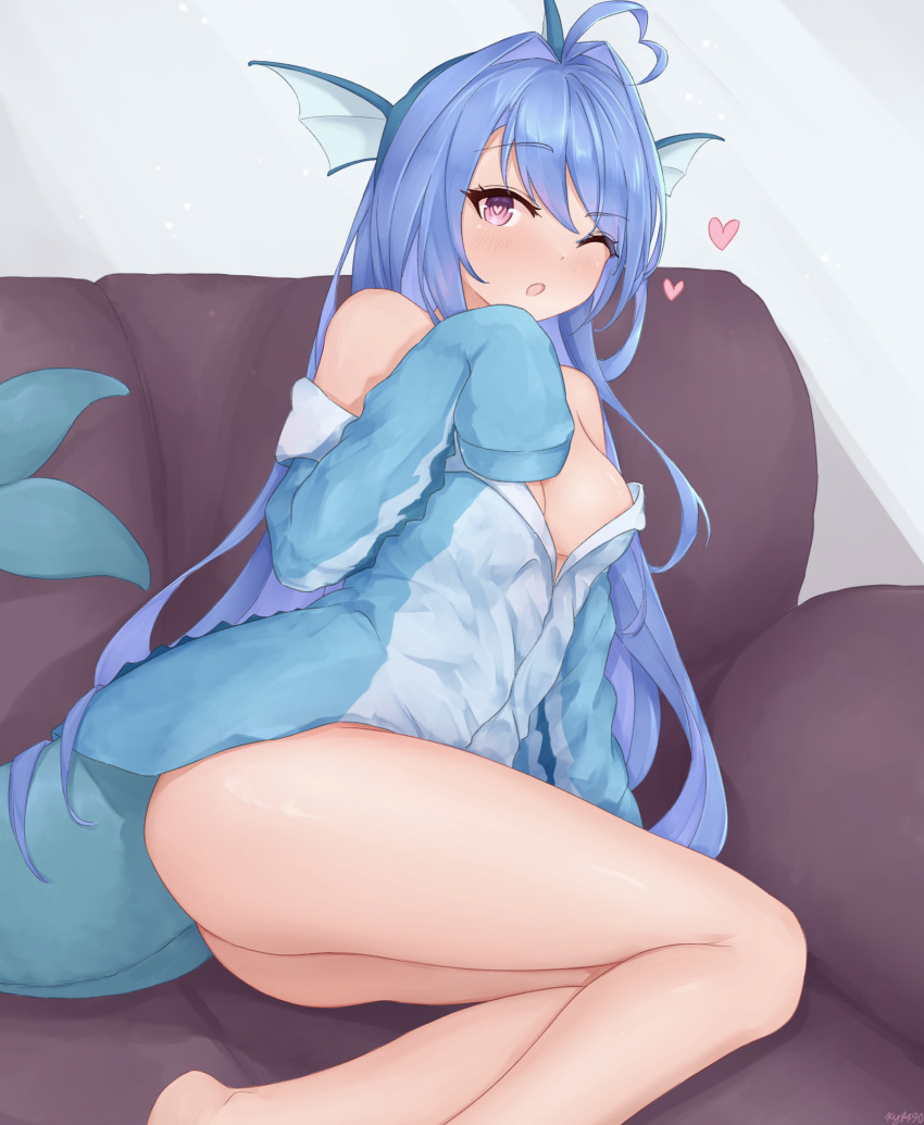 1girl ahoge artist_name ass azur_lane bare_shoulders blue_hair blue_shirt bottomless breasts cleavage cosplay couch english_commentary fins head_fins heart heart-shaped_pupils heart_ahoge helena_(azur_lane) highres kyl490 long_hair looking_at_viewer medium_breasts meme no_pants on_couch one_eye_closed open_mouth pink_pupils pokemon purple_eyes shirt signature sitting sleeves_past_fingers sleeves_past_wrists solo symbol-shaped_pupils tail thighs vaporeon vaporeon_(cosplay) vaporeon_copypasta_(meme) very_long_hair