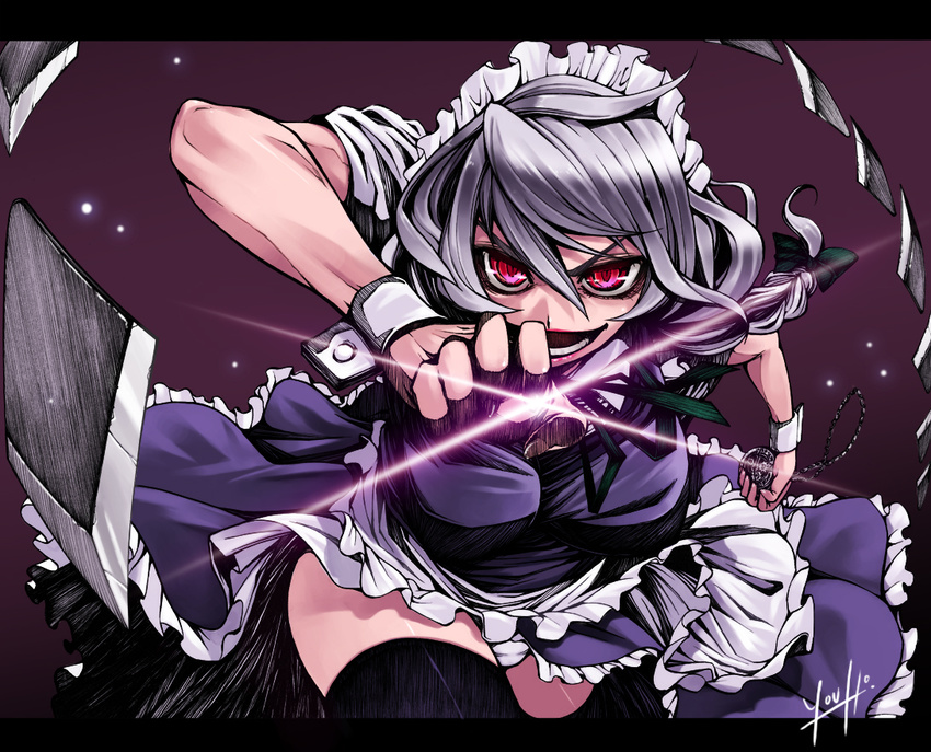 bad_id bad_pixiv_id colorized hamada_youho izayoi_sakuya jewelry knife maid panties pendant pink_eyes silver_hair solo thighhighs touhou underwear uousa-ou