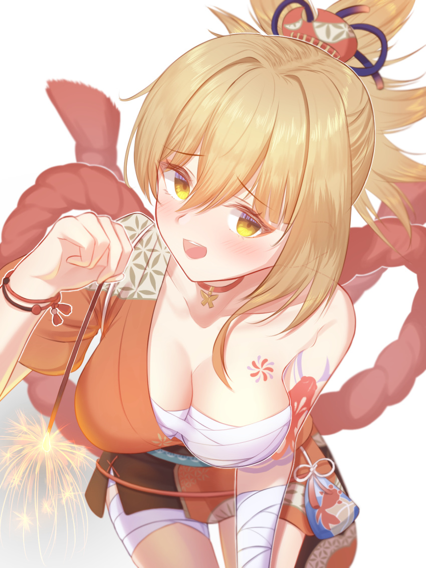1girl 21038bite_pen arm_tattoo bandaged_arm bandages bare_shoulders bent_over blonde_hair blush breasts butterfly_choker chest_sarashi chest_tattoo choker cleavage fireworks fish_tattoo flower_tattoo genshin_impact hair_ornament highres japanese_clothes kimono large_breasts looking_at_viewer open_mouth orange_kimono ponytail red_choker sarashi smile solo sparkler tattoo white_background yellow_eyes yoimiya_(genshin_impact)