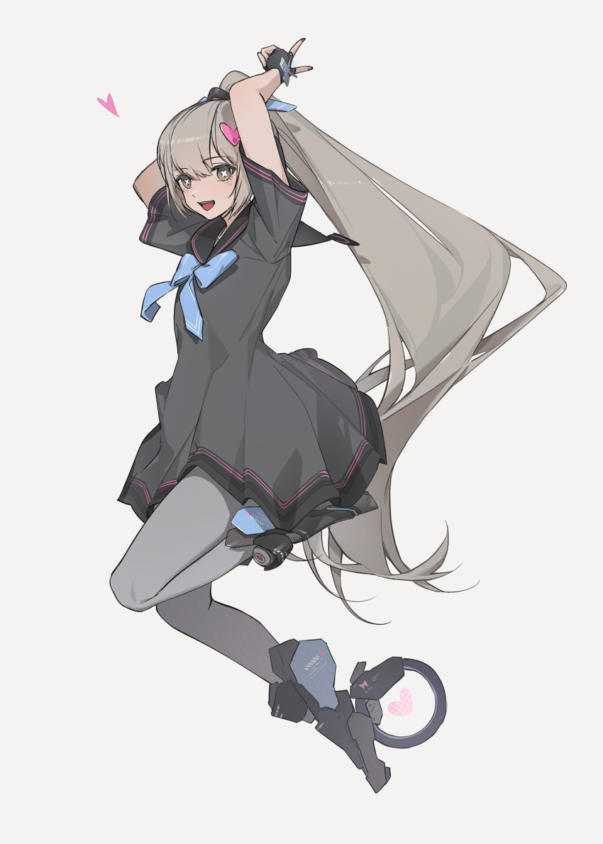 1girl aqua_neckerchief arms_up black_dress black_eyes black_gloves chinese_commentary commentary dress fingerless_gloves from_side full_body gloves grey_background grey_hair grey_pantyhose hair_ornament heart heart_hair_ornament high_ponytail highres jumping light_blush long_hair looking_at_viewer midair nanami:_pulse_(punishing:_gray_raven) nanami_(punishing:_gray_raven) neckerchief official_alternate_costume open_mouth pantyhose pleated_skirt punishing:_gray_raven roller_shoes sailor_collar sailor_dress shoes short_sleeves simple_background skirt smile solo symbol-shaped_pupils v very_long_hair wheel x-shaped_pupils xtears_kitsune