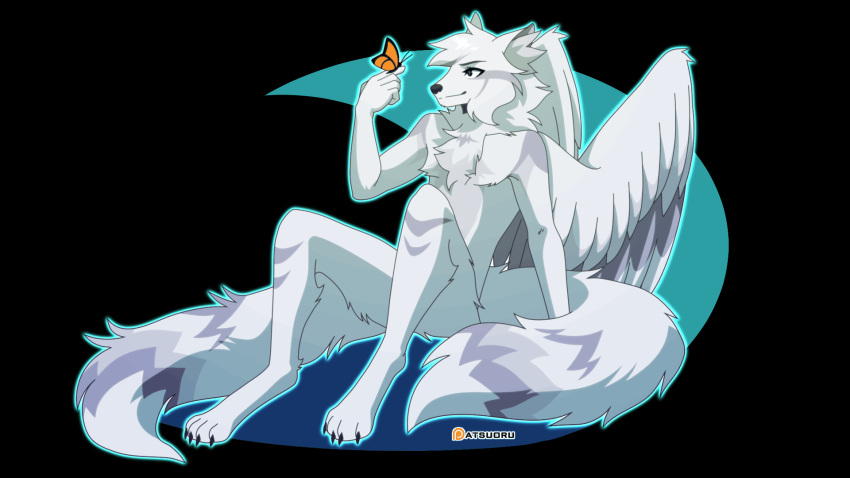 animated anthro astuoru canid canine canis digitigrade fluffy fluffy_tail fur grey_body grey_fur hi_res hybrid inner_ear_fluff male mammal multi_tail multicolored_eyes sirius_hoshi_skaarsgard sitting spread_wings tail tuft white_body white_fur wind wings wolf