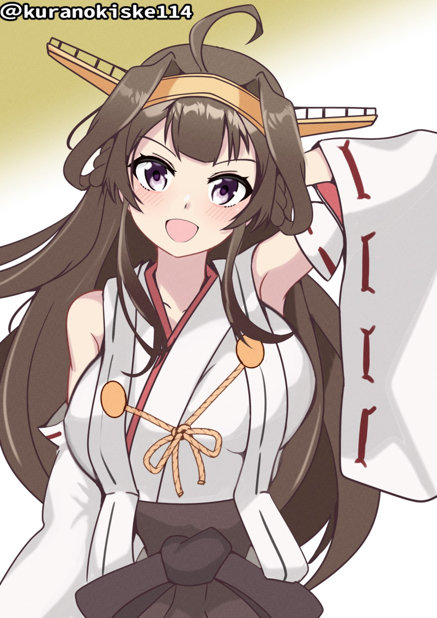 1girl ahoge breasts brown_background brown_hair brown_skirt double_bun gradient_background hair_bun hairband headgear highres kantai_collection kongou_(kancolle) kurano_kisuke large_breasts long_hair looking_at_viewer nontraditional_miko one-hour_drawing_challenge purple_eyes ribbon-trimmed_sleeves ribbon_trim skirt smile solo twitter_username upper_body