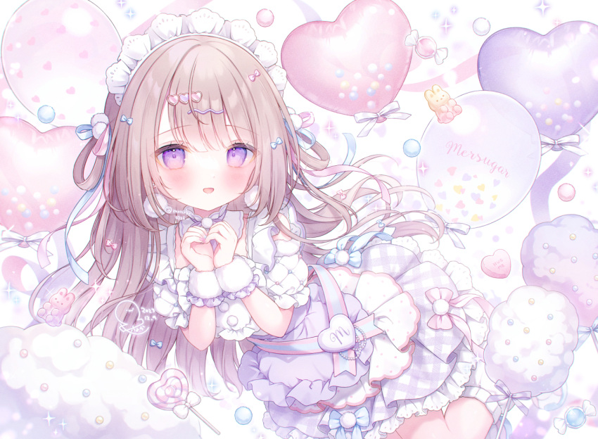 1girl balloon blue_ribbon blush brown_hair candy commentary_request cotton_candy dot_nose food full_body hair_ribbon hair_rings long_hair looking_at_viewer maid_headdress omochi_monaka original pink_ribbon purple_eyes purple_skirt ribbon shirt signature simple_background skirt smile socks solo white_background white_footwear white_shirt white_wrist_cuffs