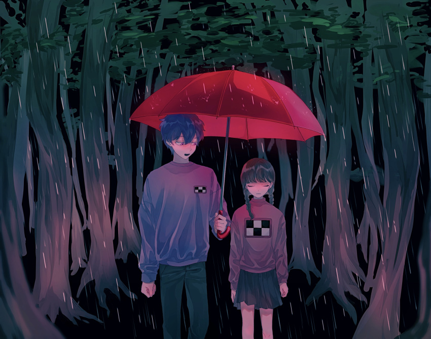 1boy 1girl absurdres black_background black_pants black_skirt blue_hair braid brown_hair closed_eyes closed_mouth commentary_request crossover expressionless facing_viewer feet_out_of_frame forest half-closed_eyes highres holding holding_umbrella jack-o'_ran-tan looking_at_another looking_to_the_side low_twin_braids madotsuki napoli_no_otokotachi nature open_mouth outdoors pants pleated_skirt print_sweater purple_eyes purple_sweater rain shared_umbrella skirt smile standing sweater tree twin_braids umbrella yume_nikki za_(sametapizza_)