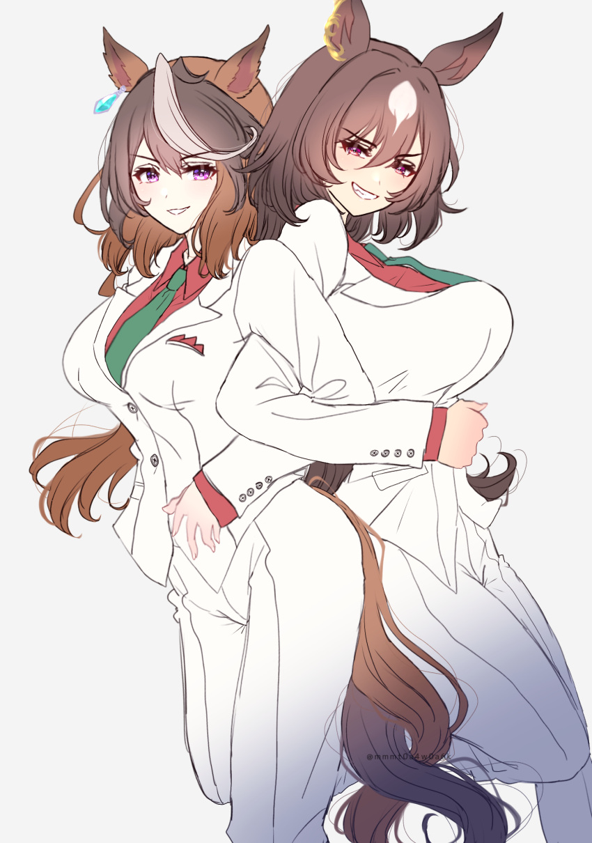 2girls animal_ears breasts brown_hair collared_shirt commentary_request ear_ornament earrings feet_out_of_frame green_necktie grin hair_between_eyes highres horse_ears horse_girl horse_tail intertwined_tails jacket jewelry large_breasts locked_arms long_hair long_sleeves looking_at_viewer mmm_(mmm623) multicolored_hair multiple_girls necktie pants purple_eyes red_eyes red_shirt shirt simple_background single_earring sirius_symboli_(umamusume) smile streaked_hair symboli_rudolf_(umamusume) tail twitter_username umamusume very_long_hair white_background white_hair white_jacket white_pants