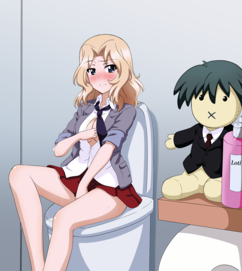 absurdres female_masturbation girls_und_panzer girls_und_panzer_gekijouban girls_und_panzer_saishuushou highres implied_masturbation itou_makoto kay_(girls_und_panzer) key_(gaigaigai123) lotion_bottle masturbation puppet restroom saunders_school_uniform school_days school_days_hq school_days_lxh school_uniform toilet_stall