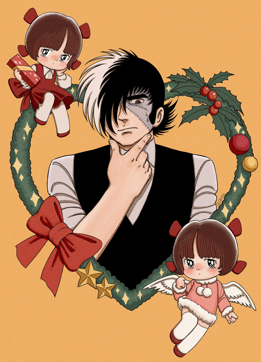 1boy 2girls angel_wings black_hair black_jack_(character) black_jack_(series) black_vest bow brown_eyes brown_hair christmas_ornaments closed_mouth coat dress eyelashes fur-trimmed_coat fur_trim hair_over_one_eye hand_on_own_chin hand_on_own_face highres holly long_sleeves multicolored_hair multiple_girls oldkin pink_coat pinoko pointing pointing_at_self pom_pom_(clothes) red_bow red_dress red_footwear shirt short_hair signature split-color_hair star_ornament stitched_face stitches sweat thighhighs vest waist_bow white_hair white_shirt white_thighhighs white_wings wings