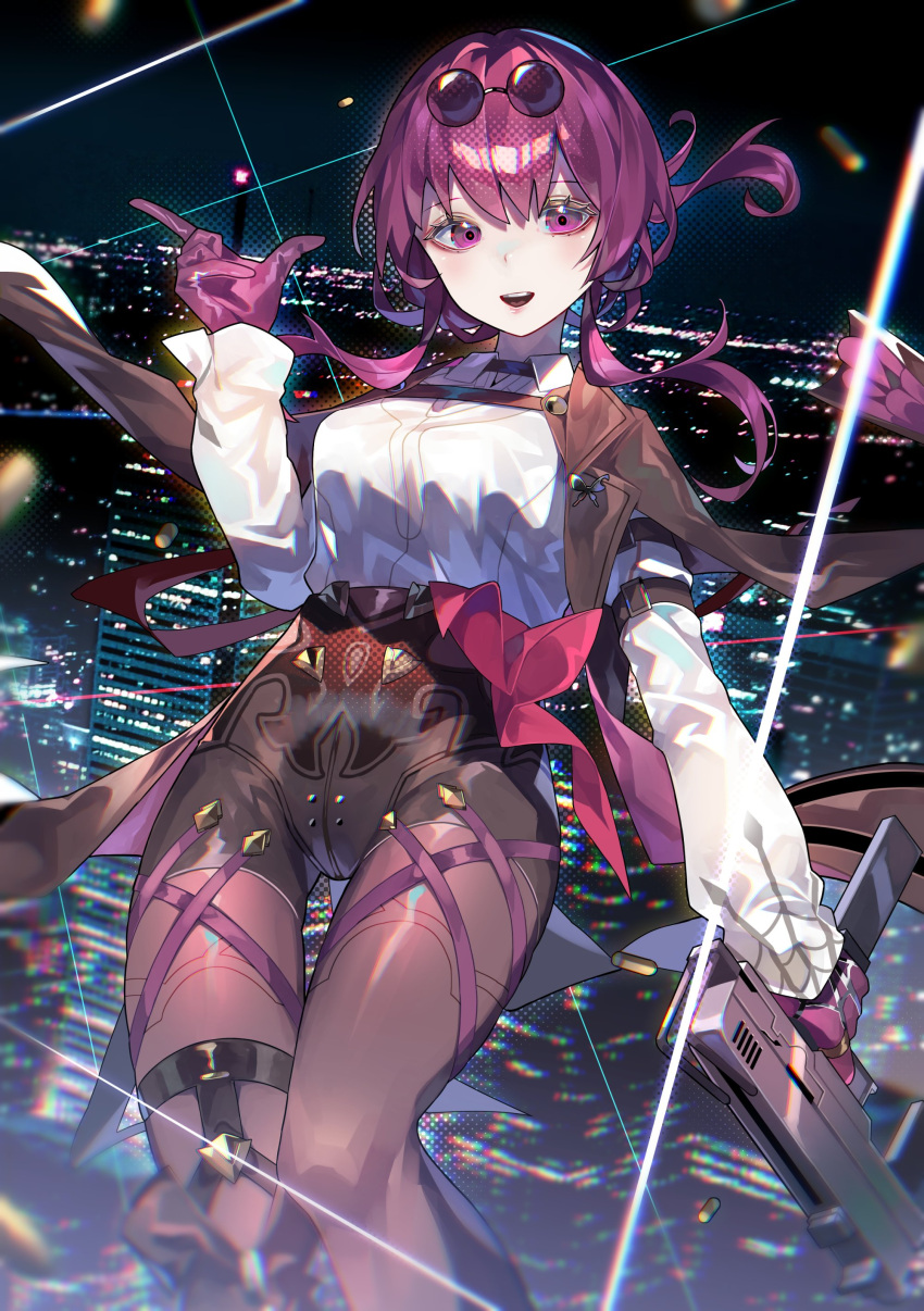 1girl absurdres black_pants breasts building city_lights commentary eyewear_on_head folded_ponytail gloves gun high-waist_pants highres hiro_(yoshi_chan) holding holding_gun holding_weapon honkai:_star_rail honkai_(series) jacket jacket_on_shoulders kafka_(honkai:_star_rail) long_sleeves looking_at_viewer night night_sky open_mouth pants puffy_long_sleeves puffy_sleeves purple_eyes purple_gloves purple_hair shirt sidelocks sky smile solo sunglasses symbol-only_commentary thigh_strap weapon white_shirt