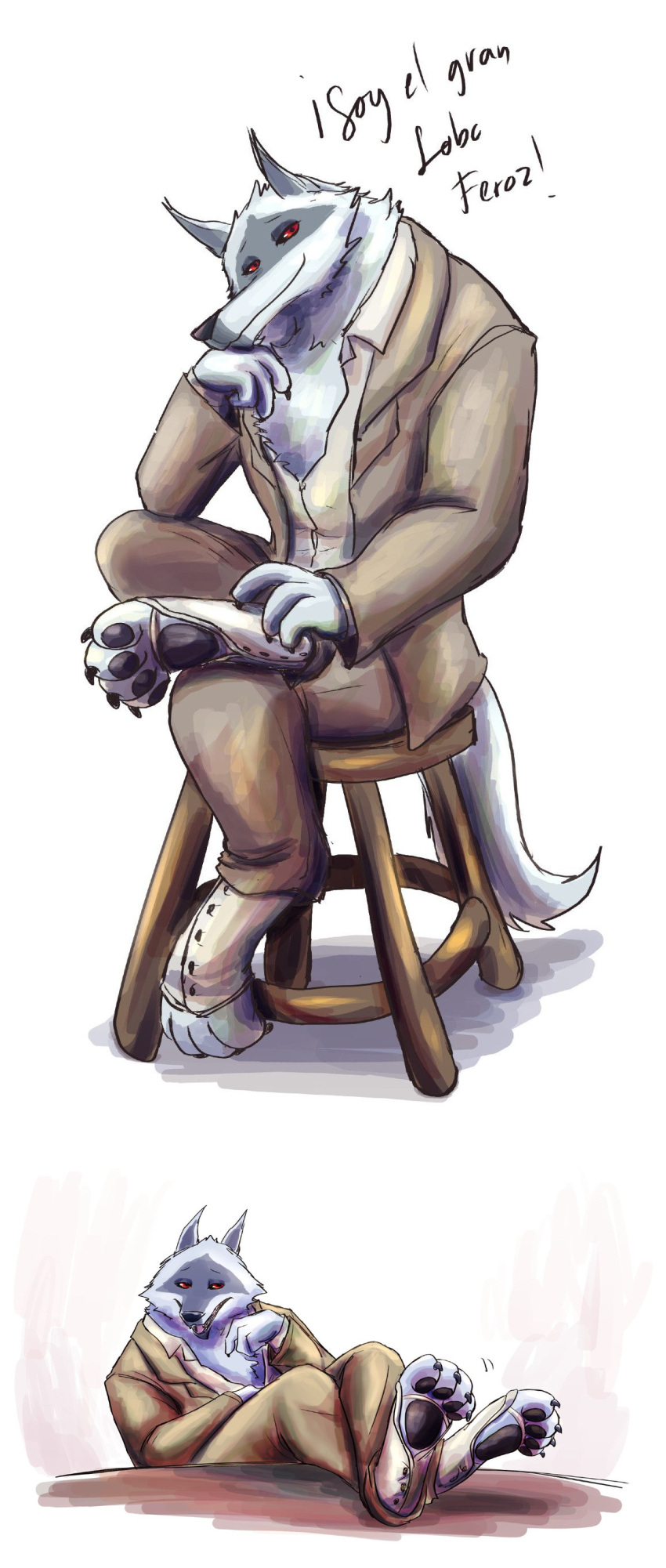 absurd_res anthro barefoot black_tie_(suit) canid canine canis clothing death_(puss_in_boots) dreamworks feet fluffy furniture grin hi_res male mammal puss_in_boots_(dreamworks) red_eyes shadow sitting smile solo spanish_text stool suit text ultimatellurker wolf