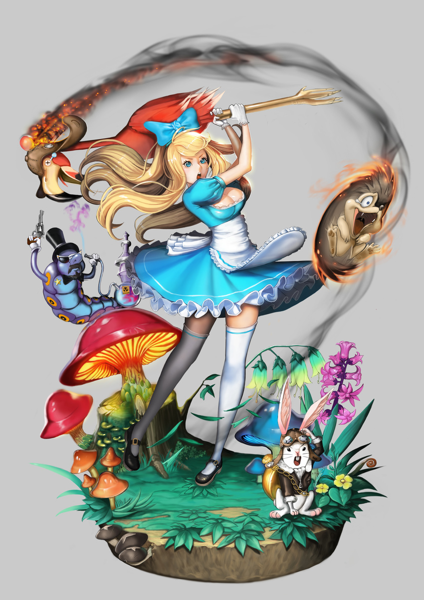 absurdres alice_(wonderland) alice_in_wonderland apron bird blonde_hair blue_eyes bow breasts caterpillar caterpillar_(wonderland) cleavage dress faux_figurine flamingo golf grey_background gun hair_bow handgun hat highres hookah long_hair medium_breasts mushroom open_mouth revolver silvester simple_background sunglasses thighhighs top_hat weapon white_legwear white_rabbit