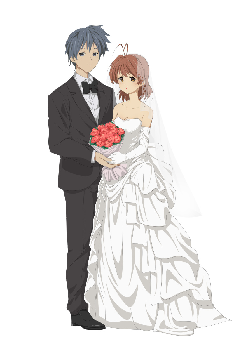 1boy 1girl absurdres antenna_hair bare_shoulders black_bow black_bowtie black_suit blue_eyes blue_hair bouquet bow bowtie breasts bridal_veil bride brown_eyes brown_hair chinese_commentary clannad cleavage closed_mouth collarbone collared_shirt commentary_request couple dress elbow_gloves flower full_body furukawa_nagisa gloves groom hetero highres holding_hands jewelry light_blush lipstick long_dress long_sleeves looking_at_viewer makeup medium_breasts medium_hair mogege_gk okazaki_tomoya red_flower red_rose ring rose shirt short_hair simple_background standing strapless strapless_dress suit veil wedding wedding_dress wedding_ring white_background white_dress white_gloves white_shirt