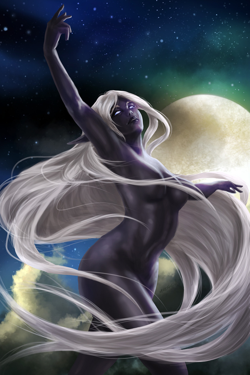 1girl armpits ass black_lips black_skin breasts colored_skin curvy dancer dancing dark-skinned_female dark_elf dark_skin dungeons_and_dragons eilistraee elf forgotten_realms glowing glowing_eyes hair_censor hair_over_breasts highres lips long_hair looking_up mmatopgun moon moonlight navel night nude pointy_ears realistic shiny_skin sky solo star_(sky) starry_sky thick_thighs thighs very_long_hair white_eyes white_hair