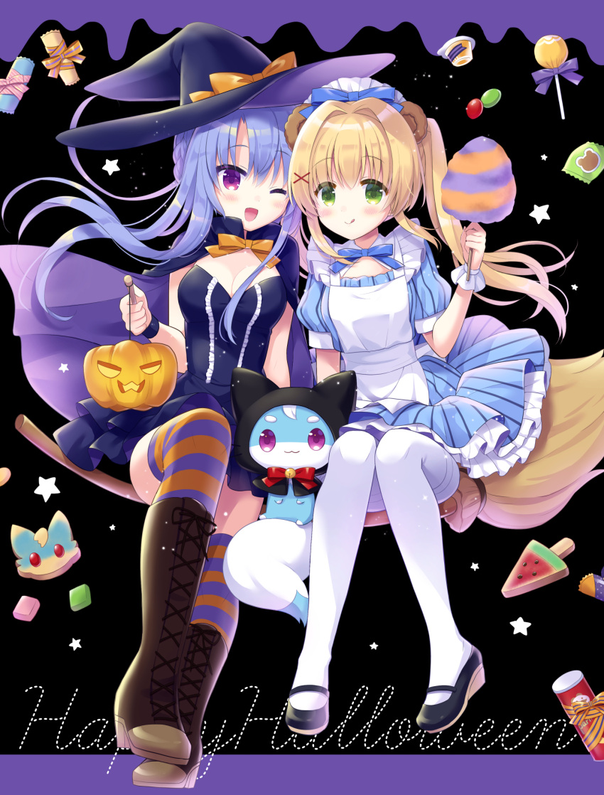 2girls :q ;d alternate_costume animal_ears apron arm_at_side bear_ears bell black_background black_cloak black_dress black_footwear black_headwear blonde_hair blue_dress blue_hair blue_ribbon blush boots bow braid breasts broom broom_riding brown_footwear candy character_print cleavage cloak closed_mouth colored_eyelashes commentary_request convenient_leg cookie cotton_candy cross-laced_footwear crown_braid curvy dress enmaided eyes_visible_through_hair fake_animal_ears floating_clothes floating_hair food frilled_dress frills full_body green_eyes hair_between_eyes hair_intakes hair_ornament hair_ribbon halloween halloween_costume hand_up happy happy_halloween hat hat_bow heads_together highres holding holding_food holding_pumpkin holding_vegetable hoshimame_mana inari_(summer_pockets) jack-o'-lantern jingle_bell knee_up knees_together_feet_apart lollipop long_hair looking_at_viewer maid maid_apron maid_headdress mary_janes medium_breasts multiple_girls neck_bell neck_ribbon one_eye_closed open_mouth orange_bow orange_ribbon pantyhose popsicle pringles_can puffy_short_sleeves puffy_sleeves pumpkin purple_eyes ribbon shoes short_dress short_sleeves side-by-side simple_background sitting smile sorakado_ao star_(symbol) strapless strapless_dress striped striped_thighhighs summer_pockets thighband_pantyhose thighhighs tongue tongue_out tsumugi_wenders vegetable watermelon_bar white_apron white_pantyhose witch_hat x_hair_ornament zettai_ryouiki
