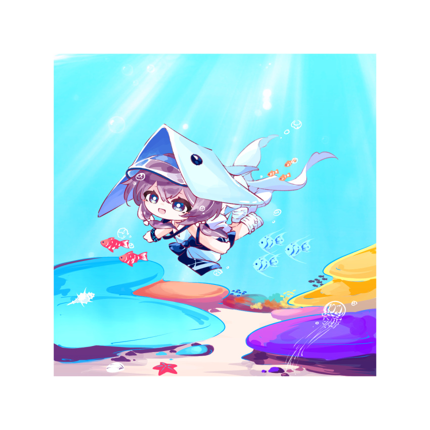 1girl :d arknights blue_eyes border bright_pupils chibi dress fish highres jellyfish long_hair looking_at_viewer nazo_no_hana open_mouth purestream_(arknights) purple_hair smile solo swimming underwater white_border white_dress white_pupils