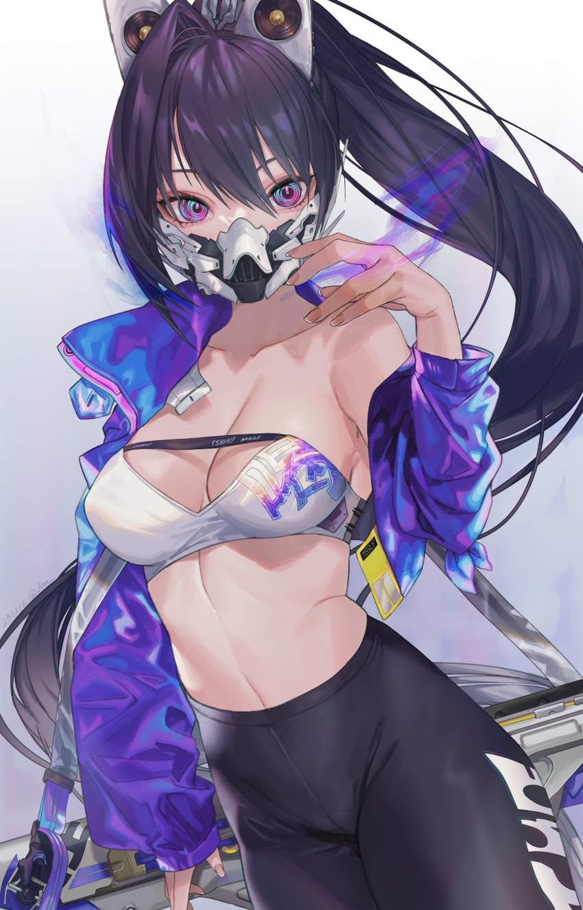 1girl absurdres bandeau black_hair black_pants breasts cleavage collarbone commentary cowboy_shot goddess_of_victory:_nikke gun gun_on_back hair_between_eyes hand_up headgear high-waist_pants high_ponytail highres holographic_clothing jacket long_hair looking_at_viewer mask medium_breasts midriff mouth_mask navel nitrochang off_shoulder pants purple_eyes purple_jacket sidelocks sin_(nikke) single_bare_shoulder solo standing strapless very_long_hair weapon weapon_on_back white_bandeau yoga_pants
