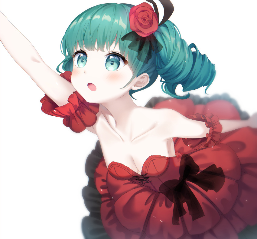 1girl absurdres arm_up blue_eyes blue_hair blush bow breasts cleavage commentary detached_sleeves dress drill_hair flower gaikotsu_gakudan_to_riria_(vocaloid) hair_flower hair_ornament hatsune_miku highres ille_(xcpa7325) long_hair open_mouth reaching short_sleeves small_breasts solo strapless strapless_dress twin_drills vocaloid
