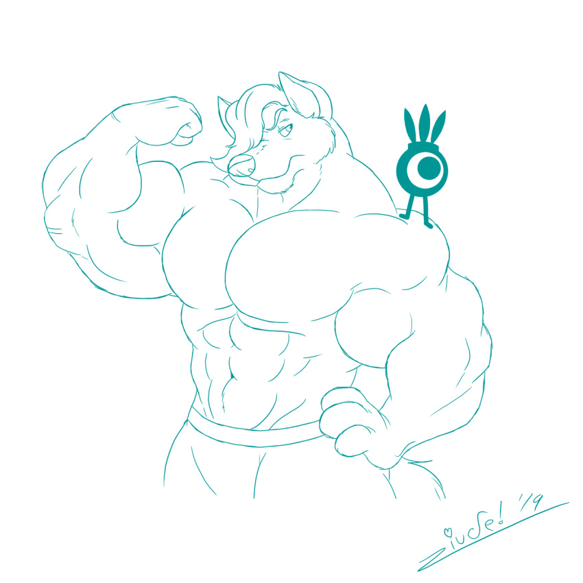 1:1 2019 abs annoyed anthro biceps big_biceps big_muscles canid canine canis flexing_bicep fur hair hair_over_eye hand_on_hip hi_res juano looking_at_another male mammal muscular muscular_anthro muscular_male navel one_eye_obstructed patapon pecs sony_corporation sony_interactive_entertainment tail wolf