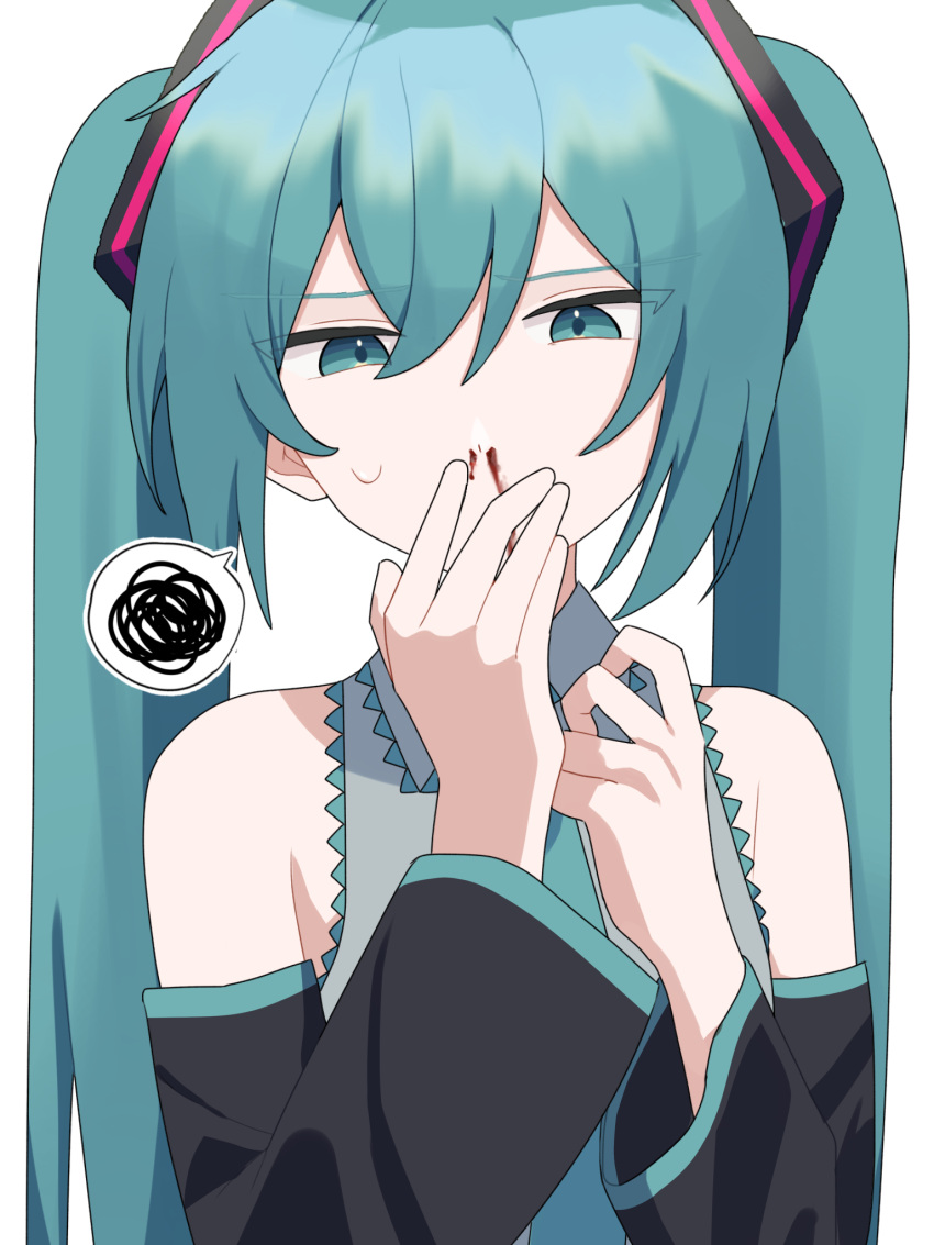 1girl bentou_(bentou_1) blood blue_eyes blue_hair collared_shirt commentary covering_mouth detached_sleeves half-closed_eyes hand_over_own_mouth hatsune_miku highres long_hair long_sleeves looking_at_viewer necktie nosebleed shirt sleeveless sleeveless_shirt solo spoken_squiggle squiggle sweat twintails upper_body vocaloid