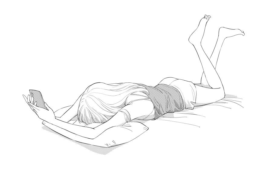 1girl barefoot commentary dithering face_in_pillow feet_up full_body highres holding holding_phone lineart long_hair lying monochrome nmicomic on_bed on_stomach original phone pillow shadow shirt shorts simple_background solo