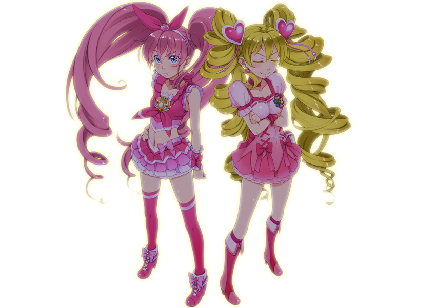 blonde_hair blue_eyes boots bow breasts choker color_connection cure_melody cure_peach curly_hair dress earrings fresh_precure! hair_ornament hairpin heart heart_hair_ornament highres houjou_hibiki jewelry knee_boots long_hair magical_girl midriff momozono_love multiple_girls pink_bow pink_choker pink_eyes pink_footwear pink_hair pink_legwear precure ribbon ribbon_choker sakura_kotetsu shoes short_shorts shorts small_breasts smile suite_precure thighhighs twintails white_background wrist_cuffs