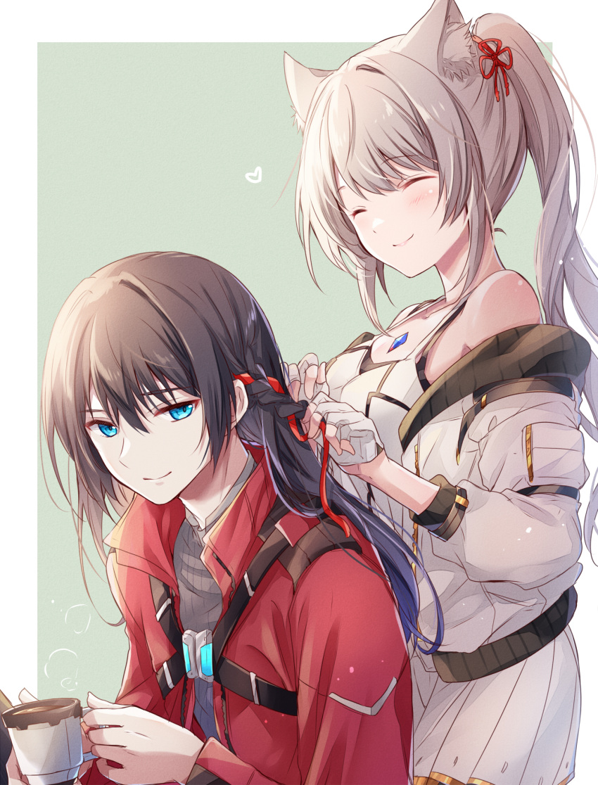 1boy 1girl alternate_hairstyle animal_ears black_hair blue_eyes braid braiding_hair cat_ears chest_jewel coffee_mug cup fingerless_gloves gloves grey_hair hairdressing hairstyle_switch heart highres jacket long_hair mio_(xenoblade) mug noah_(xenoblade) off_shoulder ponytail red_jacket smile ui_frara xenoblade_chronicles_(series) xenoblade_chronicles_3