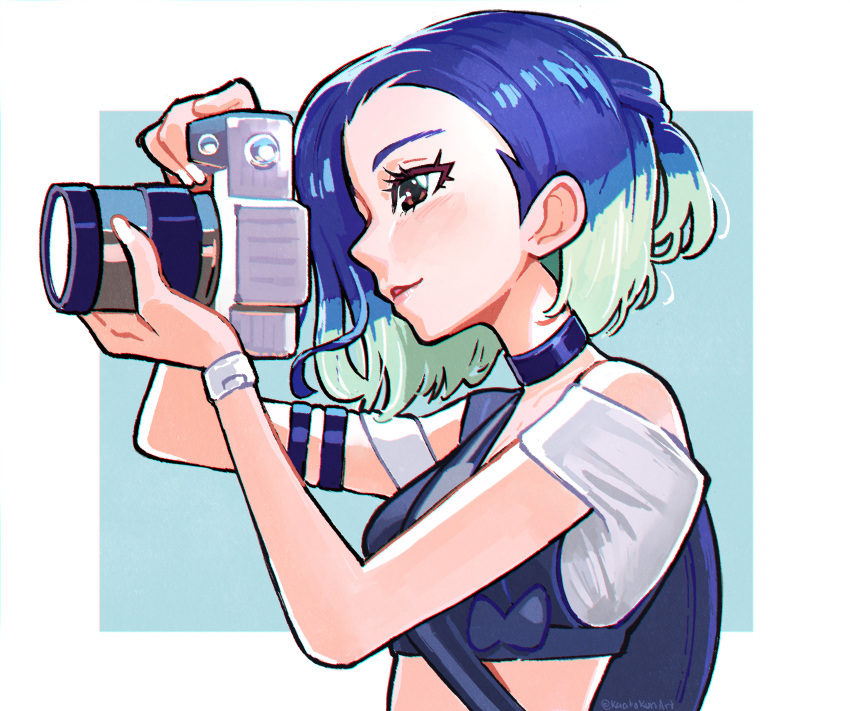 1girl absurdres blue_background bob_cut border camera facing_to_the_side grey_shirt highres holding holding_camera kaatokun loose_hair_strand medium_hair off-shoulder_shirt off_shoulder perrin_(pokemon) photographer pokemon pokemon_sv shirt solo undershirt upper_body watch white_border wristwatch