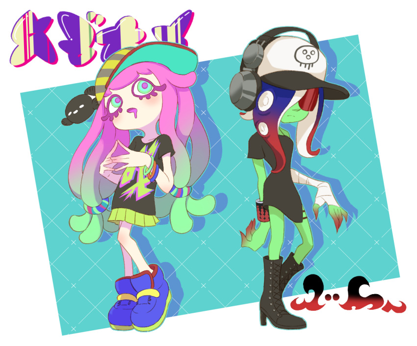 2girls aqua_hair bandaged_arm bandages baseball_cap black_dress black_footwear black_headwear black_shirt blue_eyes blue_hair boots closed_mouth clownfish colored_eyelashes colored_skin cross-laced_footwear dedf1sh dress drooling drop_shadow fish frown full_body gradient_hair gradient_skin green_eyes green_skin green_skirt harmony's_clownfish_(splatoon) harmony_(splatoon) hat headphones headphones_over_headwear high_heel_boots high_heels knee_boots lace-up_boots long_hair long_shirt miniskirt multicolored_clothes multicolored_eyes multicolored_footwear multicolored_hair multicolored_headwear multicolored_skin multiple_girls no_nose open_mouth pink_hair pleated_skirt red-tinted_eyewear red_hair red_skin sanitized_(splatoon) shirt shoes short_sleeves sideways_hat skirt splatoon_(series) steepled_fingers striped striped_headwear suction_cups sunglasses t-shirt tentacle_hair teo_(teorekka) tinted_eyewear two-tone_headwear two-tone_skin very_long_hair white_headwear