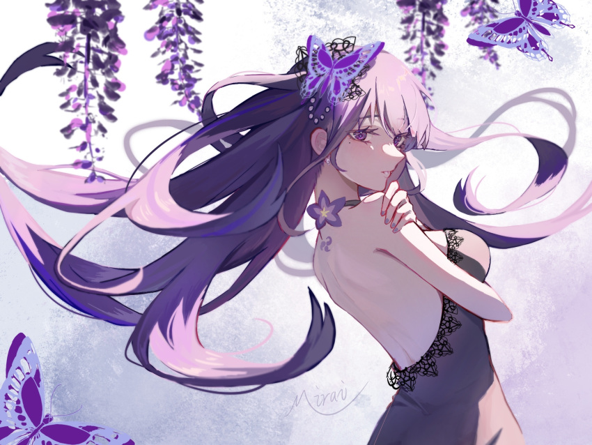 1girl bare_back bare_shoulders black_choker blunt_bangs bug butterfly chinese_commentary choker dress flower genshin_impact hair_flowing_over hair_ornament hello3393795 highres holding_own_arm hydrangea long_hair looking_back mole mole_under_eye purple_background purple_dress purple_eyes purple_flower purple_hair raiden_shogun solo