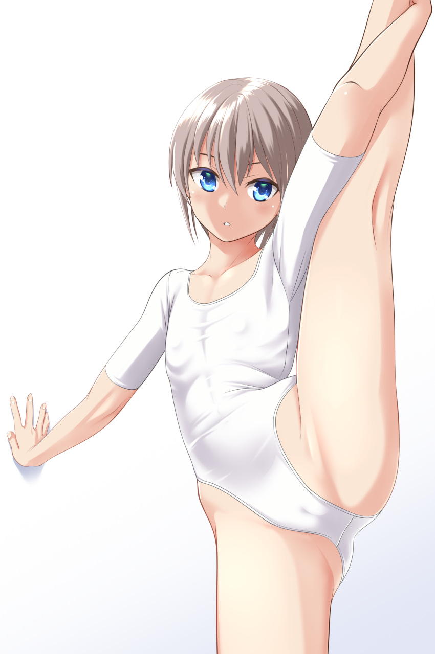 1girl absurdres against_wall athletic_leotard ballet bare_legs blue_eyes breasts cameltoe commentary_request cowboy_shot flat_chest grey_hair highres leotard looking_at_viewer original parted_lips ribs short_hair short_sleeves simple_background small_breasts solo split standing standing_on_one_leg standing_split takafumi variant_set white_background white_leotard