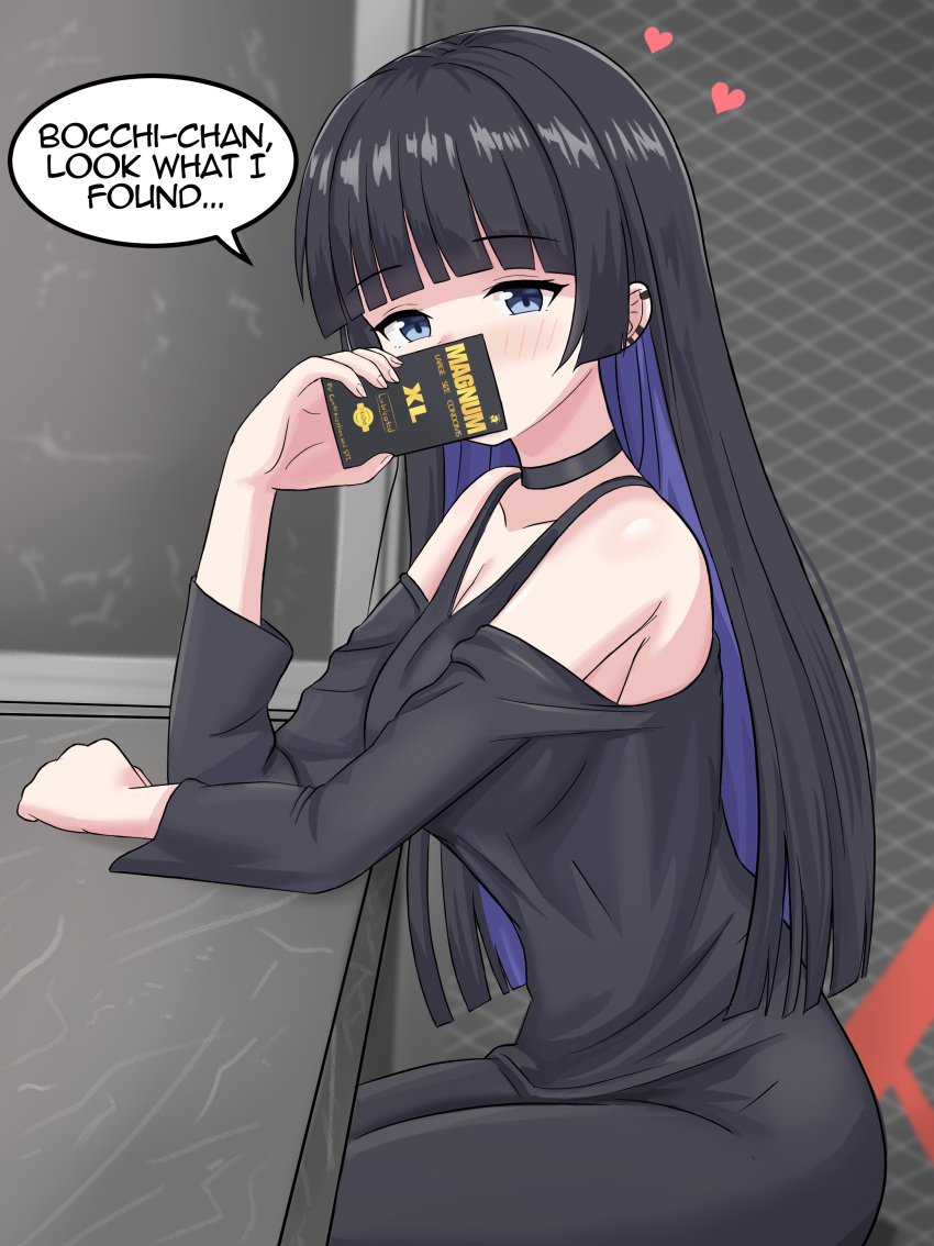 1girl absurdres black_choker black_dress blue_eyes blue_hair blunt_bangs blush bocchi_the_rock! box breasts choker colored_inner_hair condom_box dress ear_piercing english_text from_side heart highres holding holding_box kurofuro large_breasts long_hair looking_at_viewer looking_to_the_side multicolored_hair pa-san piercing sitting solo speech_bubble