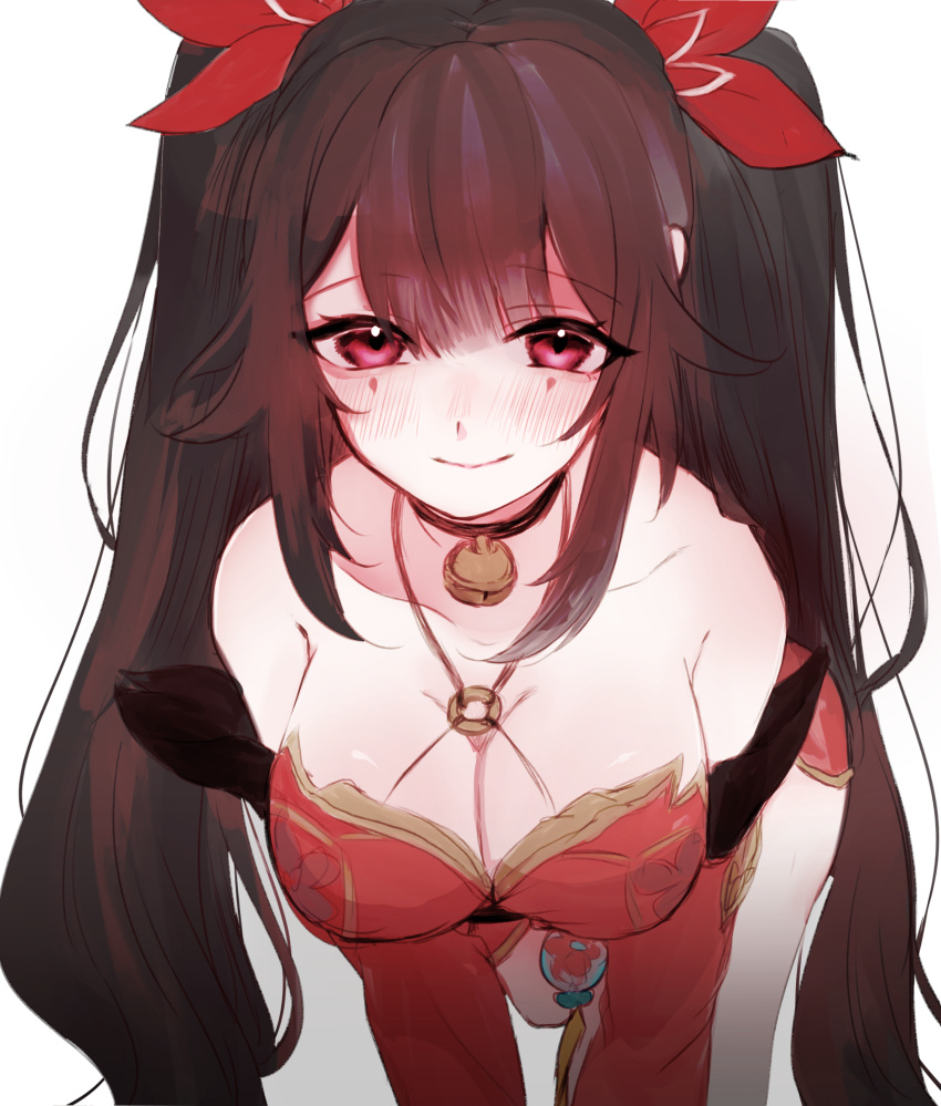 absurdres armpit_crease bare_shoulders bell blush breasts brown_hair cleavage collarbone dress facial_mark highres honkai:_star_rail honkai_(series) large_breasts light_smile long_hair looking_at_viewer neck_bell nose_blush o-ring off-shoulder_dress off_shoulder red_dress red_eyes satoyukitowa sparkle_(honkai:_star_rail) twintails