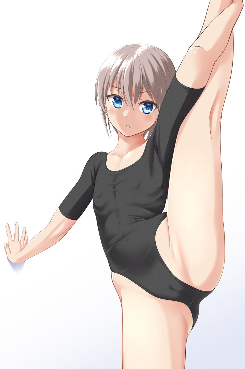 1girl absurdres against_wall athletic_leotard ballet black_leotard blue_eyes breasts cameltoe commentary_request cowboy_shot flat_chest grey_hair highres leotard looking_at_viewer original parted_lips ribs short_hair short_sleeves simple_background small_breasts solo split standing standing_on_one_leg standing_split takafumi variant_set white_background