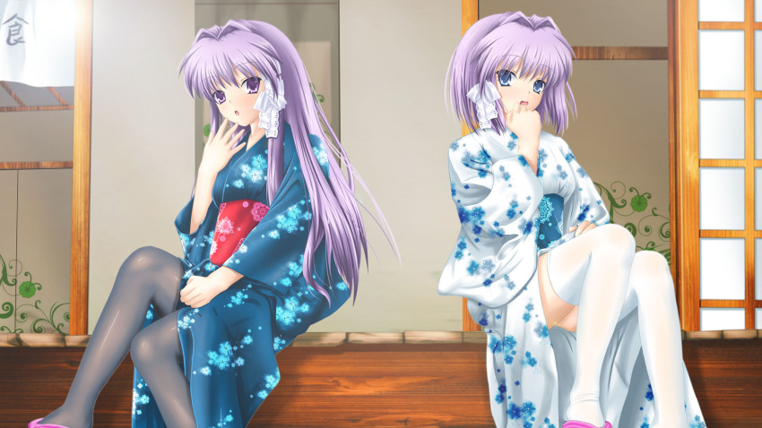 2girls alternate_costume architecture black_pantyhose blue_eyes blue_kimono blush bob_cut bow clannad commentary east_asian_architecture eyelashes feet_out_of_frame floral_print frown fujibayashi_kyou fujibayashi_ryou hair_between_eyes hair_bow hair_intakes hair_ribbon hand_up highres japanese_clothes kimono knee_up knees_up long_hair long_sleeves multiple_girls open_mouth pantyhose purple_eyes purple_hair ribbon shikkoku_no_hitomi short_hair shy siblings sidelocks sisters sitting straight_hair thighhighs twins wavy_mouth white_bow white_kimono white_ribbon white_thighhighs wide_sleeves