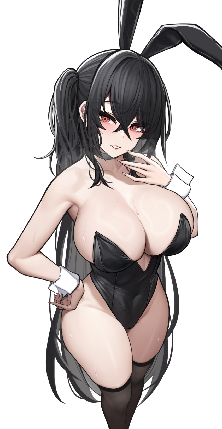 1girl alternate_costume animal_ears azur_lane bare_arms bare_shoulders black_leotard black_thighhighs blush breasts cleavage crossed_bangs fake_animal_ears hand_on_own_hip highres large_breasts leotard long_hair looking_at_viewer parted_lips playboy_bunny rabbit_ears red_eyes simple_background siu_(siu0207) smile solo standing taihou_(azur_lane) thighhighs thighs white_background wrist_cuffs